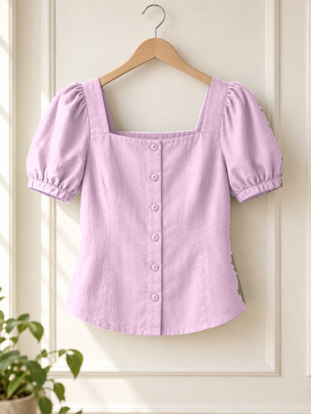 Women's Pale Raspberry Square Neck Puff Sleeve Button Front Blouse